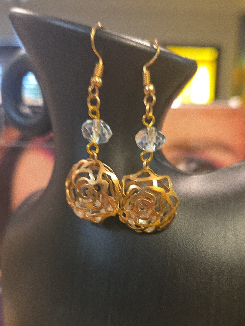 Gold Tone Filigree Rose Cage Dangle Earrings with Faceted Crystal ,[1413].